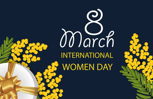 Desing for March 8 International Women's Day with Mimosa and gift box with gold bow. Background with spring flowers. Vector - Vector, afbeelding
