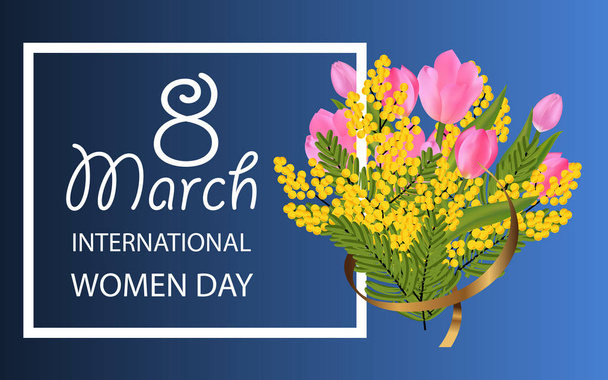 Desing for March 8 International Women's Day with Mimosa and Tulip bouquet. Background with spring flowers. Vector Illustration. - Vector, afbeelding