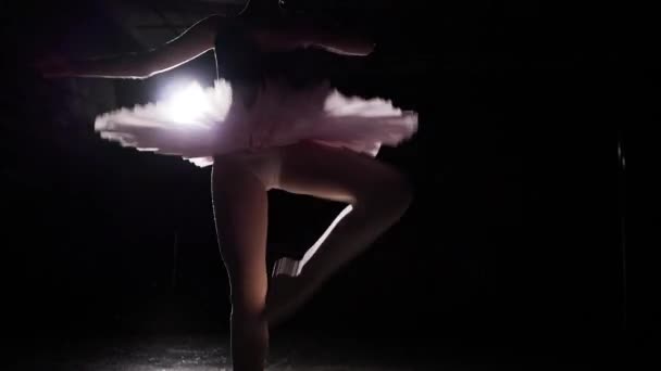 Slow motion shot of graceful ballerina dancing in studio. Beautiful female ballet dancer on a black background. Ballerina wearing tutu and pointe shoes. Slow motion. - Materiaali, video