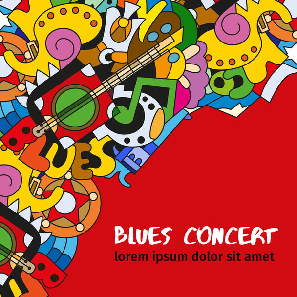 ベクトル テンプレート小冊子手描き落書き楽器と青と赤の背景の詳細についてはカントリー ミュージックの形態の要素.  - ベクター画像