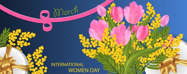 Design pro 8 březen mezinárodní den žen s tulipán a Mimosa kytice, dárkové krabice zlatem luk, slaňovací Osma pásu karet. Nápisu nebo pozadí s květinami. Vektor - Vektor, obrázek