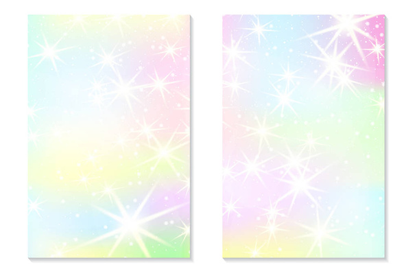 Unicorn rainbow background. Holographic sky in pastel color. Bright hologram mermaid pattern in princess colors. Vector illustration. Unicorn Fantasy gradient colorful backdrop with rainbow mesh. - Vector, Image