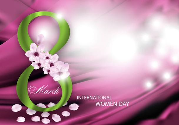 Pink Background for Holiday March 8 International Women's Day with Digit eight and flowers, petals. Vector Illustration. - Вектор, зображення