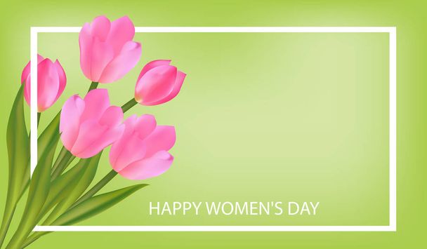 Spring green Background with Tulips. March 8 International Women's Day greeting card template with flowers. Vector Illustration. - ベクター画像