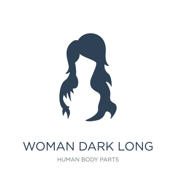 nő sötét hosszú haj ikon vektor, a fehér háttér, nő sötét hosszú haj divatos töltött az emberi test részei gyűjtemény ikonok - Vektor, kép