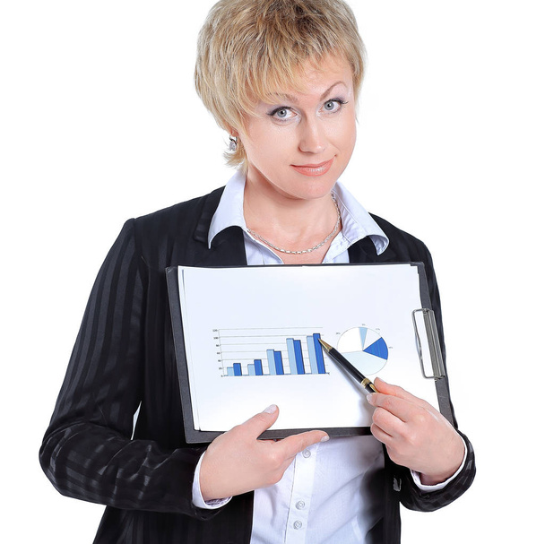 closeup.business woman showing graph on financial. isolated on white. - Фото, изображение
