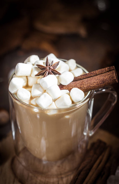 Hot coffee with milk in a glass with double walls with marshmallow, cinnamon stick and anise star. Brown, Selective focus - Photo, Image