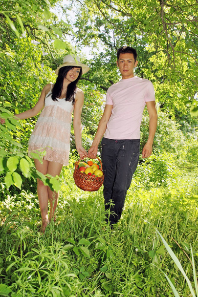 νεαρό ζευγάρι έχουν ένα καλάθι με φρούτα στον κήπο - Φωτογραφία, εικόνα