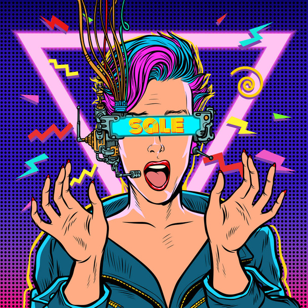 sale. online shopping. surprised woman in virtual reality - Vector, afbeelding