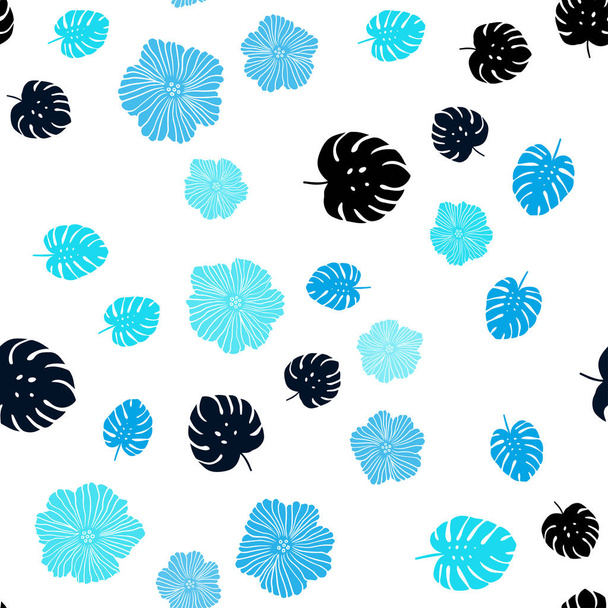 暗い青いベクトル花、シームレスな抽象的な背景を残します。葉と花折り紙スタイルの落書きイラスト。テキスタイル、ファブリック、壁紙デザイン. - ベクター画像
