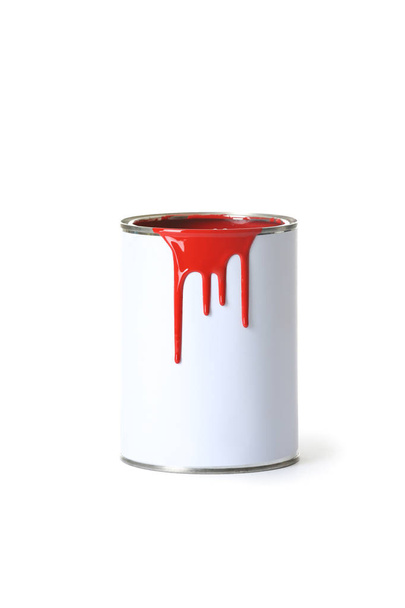 Open red paint can with stains isolated on white - Foto, Imagem