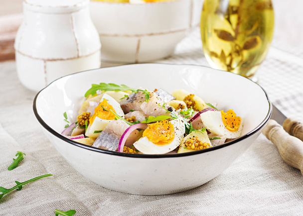 Traditional  salad of salted herring fillet, fresh apples,  red onion  and eggs. Kosher food. Scandinavian cuisine. - Photo, Image