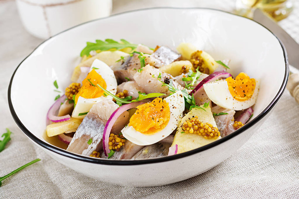 traditioneller Salat aus gesalzenem Heringsfilet, frischen Äpfeln, roten Zwiebeln und Eiern. Koscheres Essen. Skandinavische Küche. - Foto, Bild