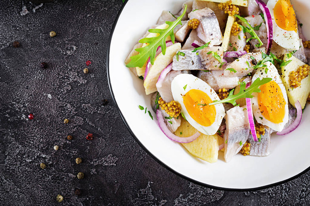 Traditional  salad of salted herring fillet, fresh apples,  red onion  and eggs. Kosher food. Scandinavian cuisine. Top view. Flat lay - Photo, Image