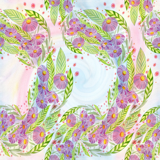 Flowers. Bouquet with leaves, flowers and buds. Watercolor. Seamless pattern Collage of flowers and leaves on a watercolor background. Use printed materials, signs, objects, websites, maps. - Valokuva, kuva
