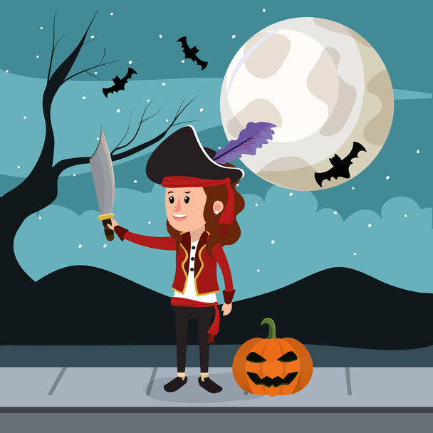 Girl with halloween custome at scary scenery cartoon vector illustration graphic design - Vektor, Bild