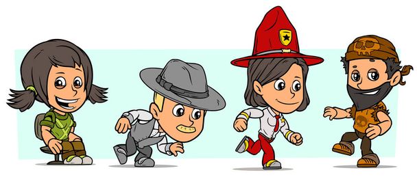 Cartoon lustige Jungen und Mädchen Charaktere. Vol. 48. Ranger, Detektiv und Biker. Vektorsymbole gesetzt - Vektor, Bild