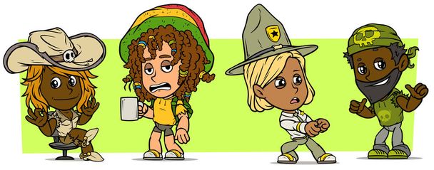 Dibujos animados divertidos personajes de niño y niña. Vol. 49. Guardabosques, vaquera y motorista. Conjunto de iconos vectoriales
 - Vector, imagen