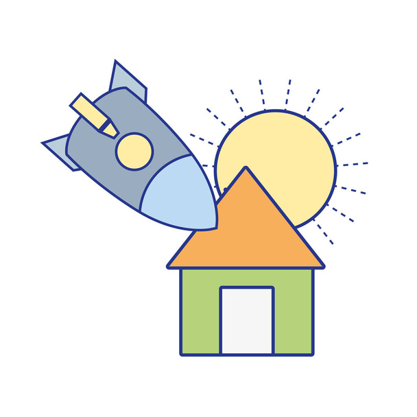太陽と屋根の家のベクトル図に墜落したロケット - ベクター画像