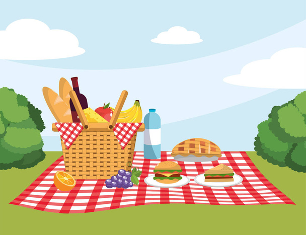 basket with breads and breads in the tablecloth decoration vector illustration - Vector, Image