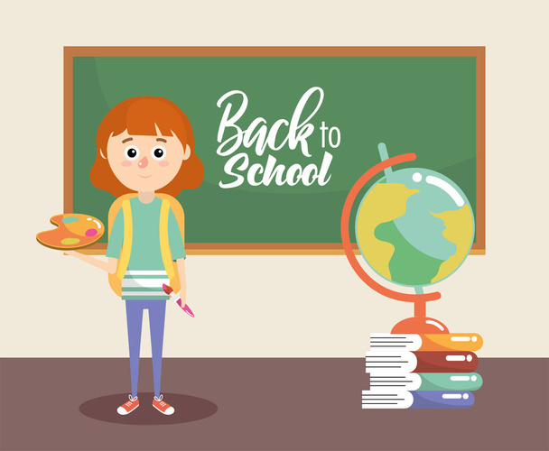 girl with blackboard and palette with painbrush supplies vector illustration - Vector, Image