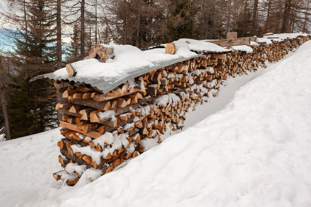 Gros plan d'une longue pile de bois de chauffage haché sous des tôles d'acier profilées dans un paysage montagneux enneigé
 - Photo, image
