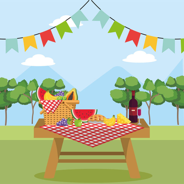 basket in the table with wine and healthy food vector illustration - Vector, Image