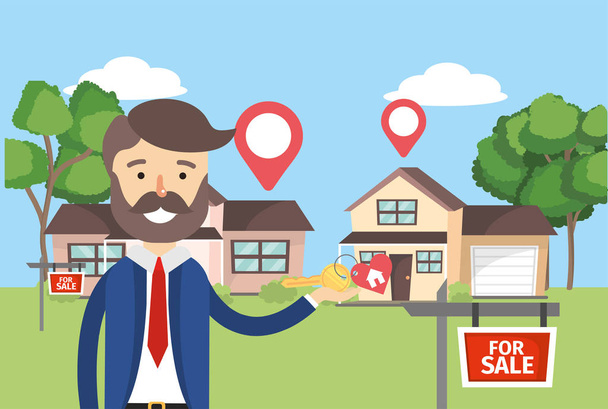 hombre de negocios con casas venta propiedad y ubicación vector ilustración
 - Vector, Imagen