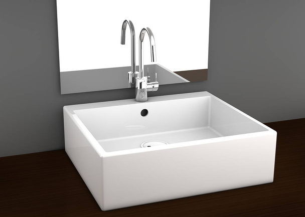 Modern bathroom basin with simple aluminum tap on a wooden drawer - Foto, afbeelding
