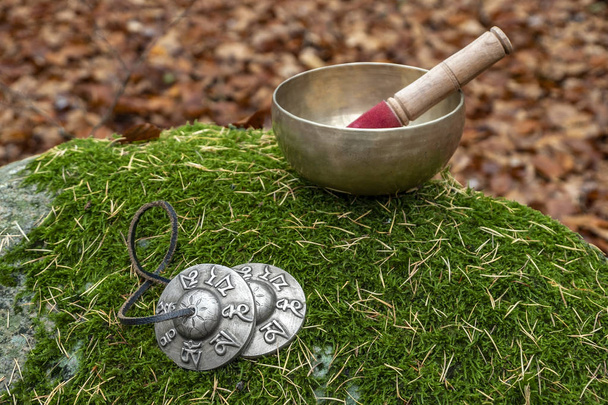 A Himalayan singing bowl and tingsha bells  photographed in the forest on a stone covered with mosses - Photo, Image