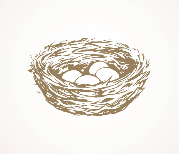 Új gally szőtt öko madárfészek fehér háttér. Vonal fekete tinta kézzel rajzolt madár embrió élelmiszer tárgy logó embléma vázlatos retro art doodle stílusú toll papíron helyet a szöveg számára. Közelkép vázlat április nézet - Vektor, kép