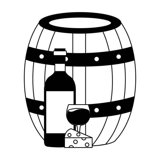 wine bottle cheese barrel and cup - Vector, Image