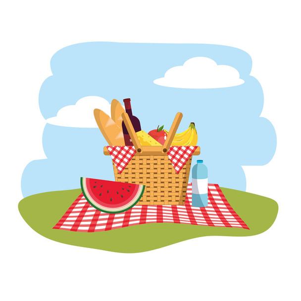 basket with fruits and bread in the tablecloth decoration vector illustration - Vector, Image