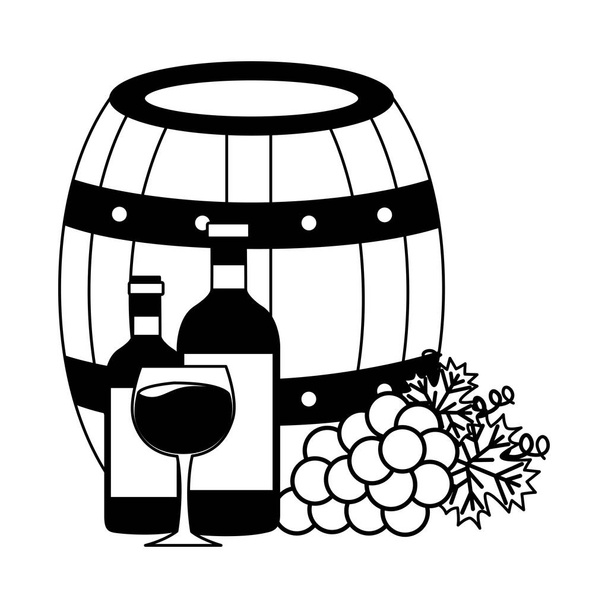 botellas de vino taza barril y uvas frescas
 - Vector, Imagen