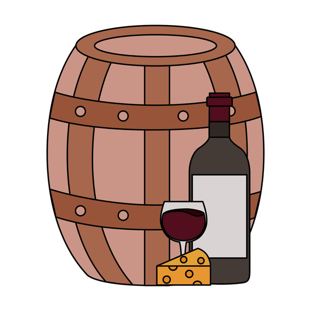 wine bottle cheese barrel and cup - Vector, Image