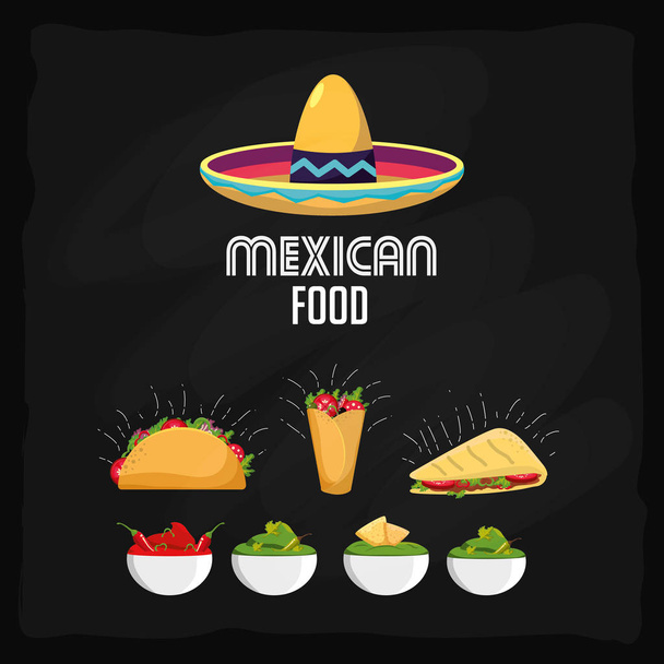 Burrito quesadilla ja tacoja meksikolaista ruokaa välipala ja menu teema vektori kuvitus
 - Vektori, kuva