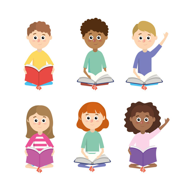 conjunto de niños y niñas estudiantes con libros de educación vector ilustración
 - Vector, Imagen