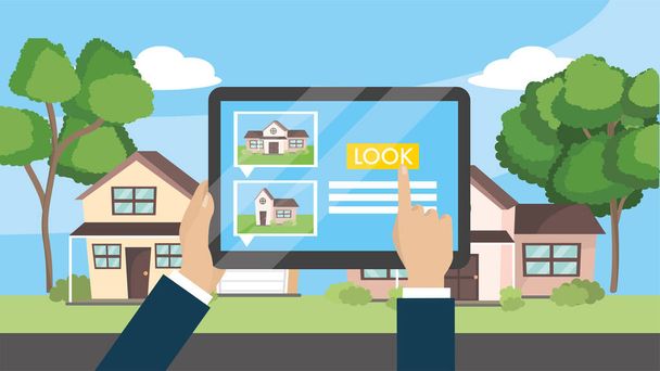 businessman hands with tablet to house sale property vector illustration - Vector, Image
