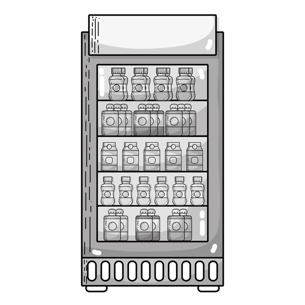 Graustufen-Supermarkt Kühlschrank mit frischen Getränken Getränkevektor Illustration - Vektor, Bild