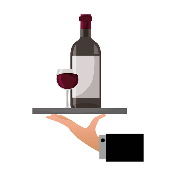 hand with tray with bottle cup wine - Vector, Image
