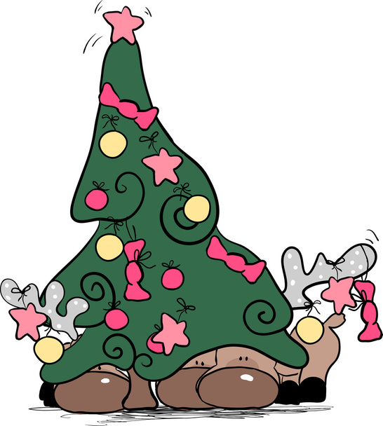 Reno escondido detrás del árbol de Navidad
 - Vector, imagen