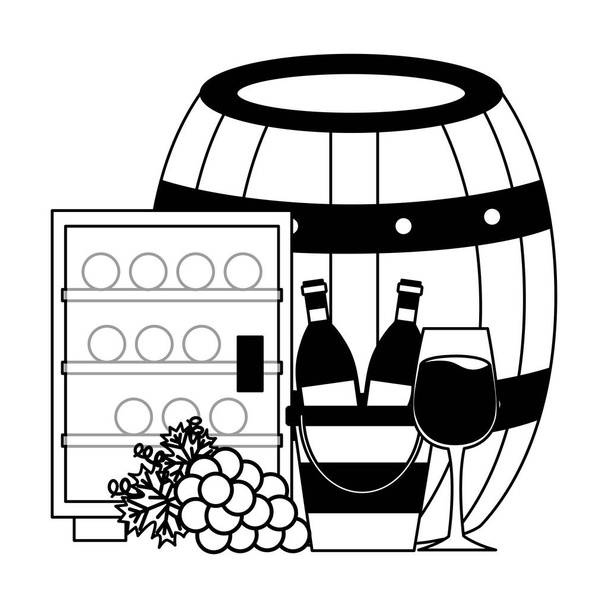 Κύπελλο ψυγείο πάγου κάδου μπουκάλια κρασιού και τα σταφύλια - Διάνυσμα, εικόνα