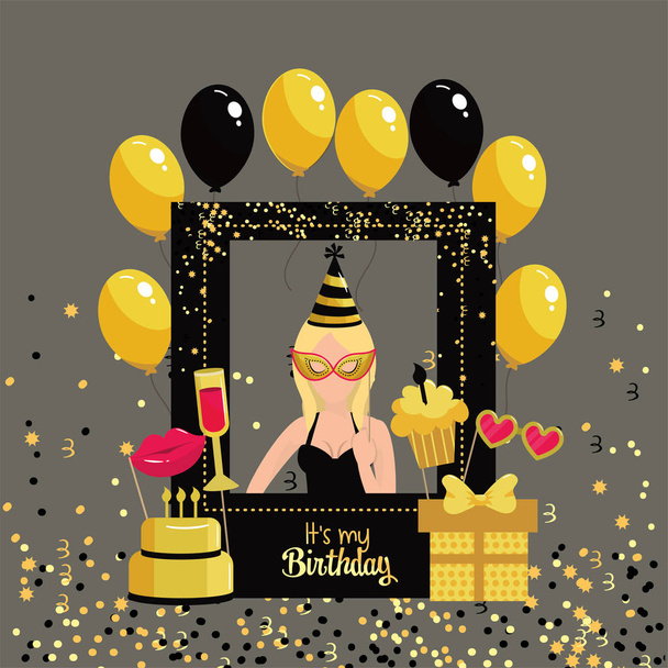 mujer con marco de cumpleaños y globos decoración vector ilustración
 - Vector, imagen