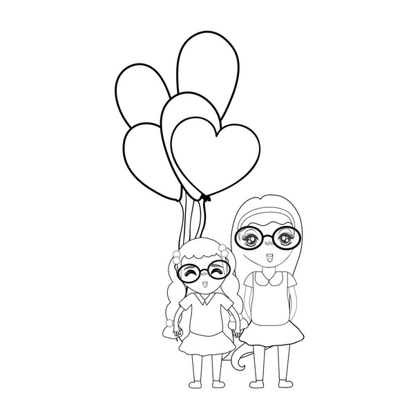 line pretty girls with hairstyle and balloons, vector illustration - Vektor, kép
