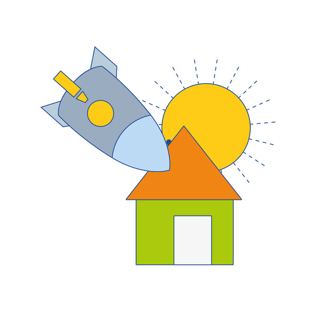 Sonne und Rakete kollidierten mit dem Dachhausektor Illustration - Vektor, Bild