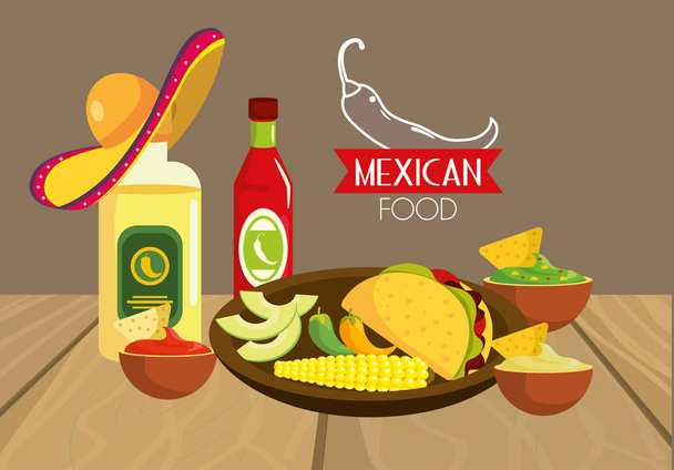 traditiona tequila with mexican tacos food vector illustration - Vector, Image