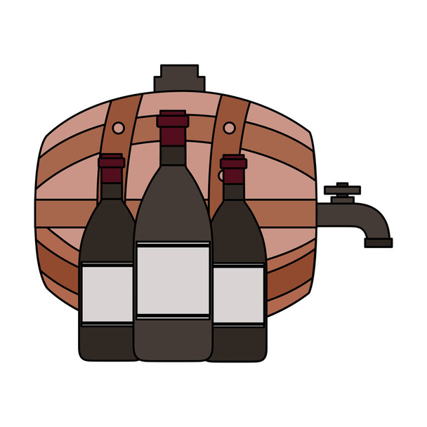 wine barrel and three bottles - Vector, Image