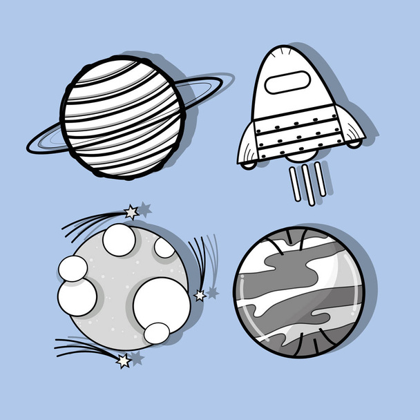 uranus, venus, moon and rocket in the space, vector illustration - Vector, Image