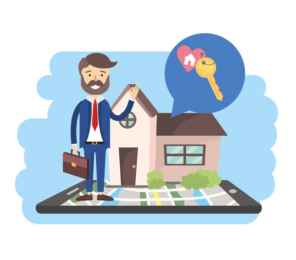 podnikatel s smartphone mapu a prodej domu vektorové ilustrace - Vektor, obrázek