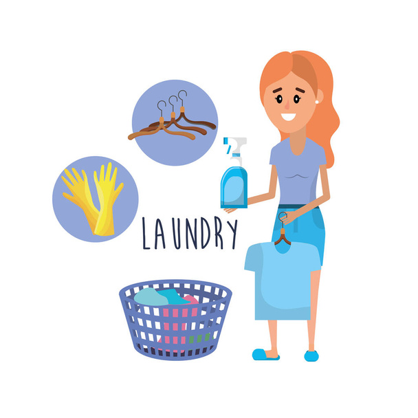 laundry equipment and woman doing a domestic job vector illustration - Vector, Image